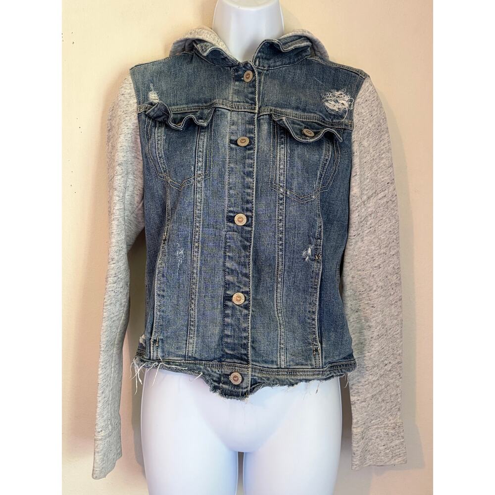 Vintage Hollister size L distressed denim hooded jacket grey knit sleeves/hood